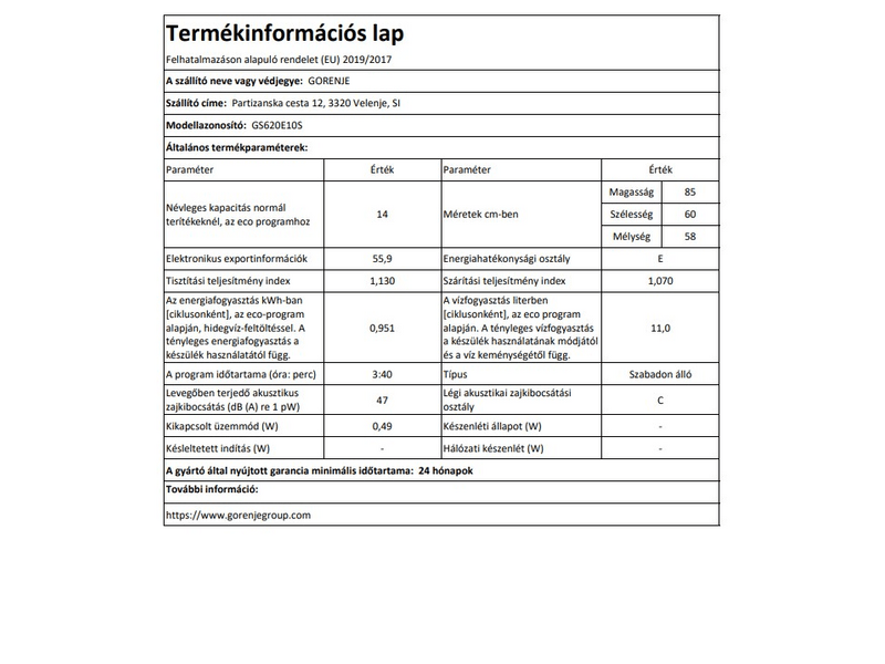 Gorenje GS620E10S Szabadonálló mosogatógép