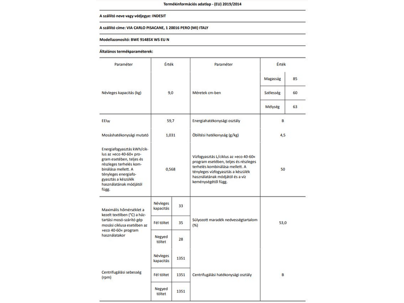Indesit BWE 91485X WS EU N Elöltöltős mosógép