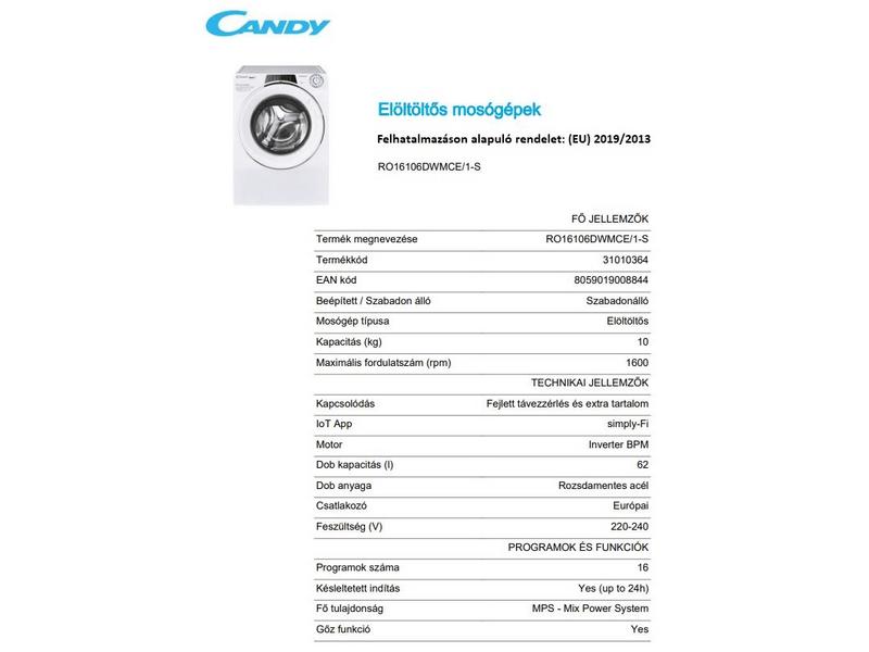Candy RO16106DWMCE/1-S Elöltöltős mosógép