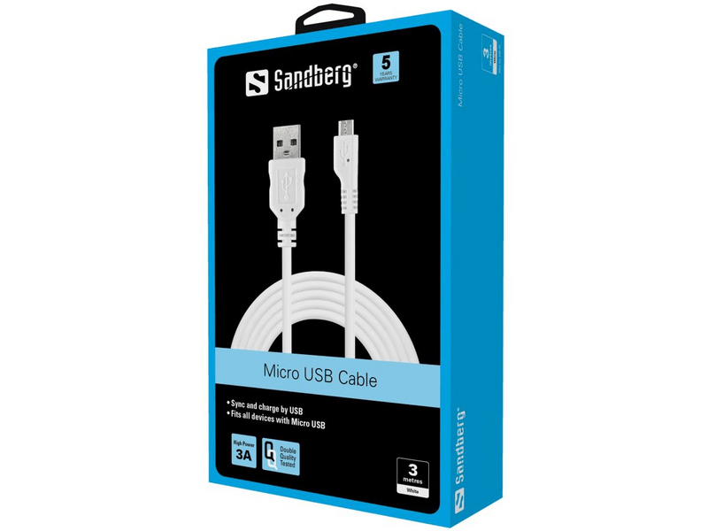 Sandberg 440-72 Töltő- és adatkábel, micro-USB - USB, 3 m