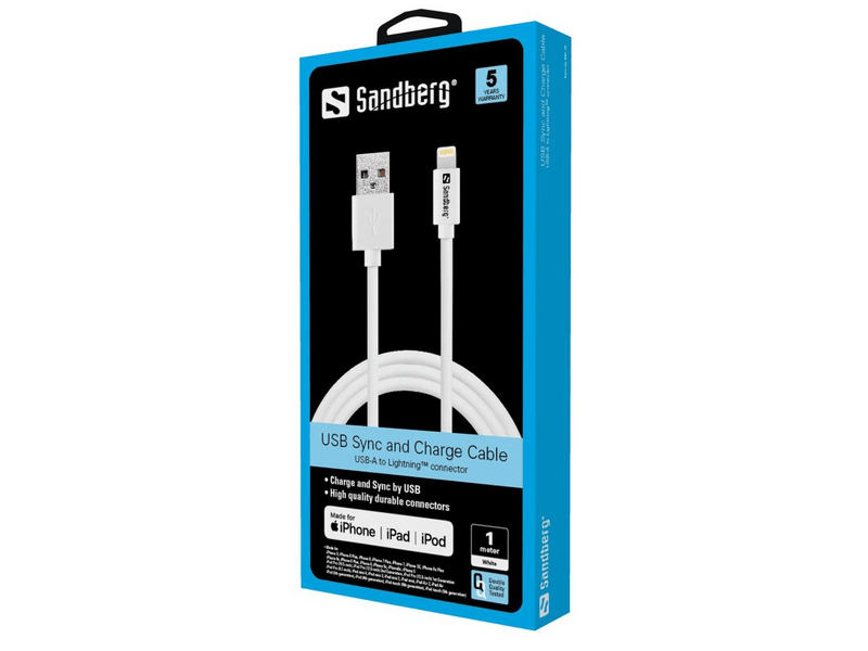 Sandberg 440-75 USB - Lightning Töltő- és adatkábel, 1 m, Fehér