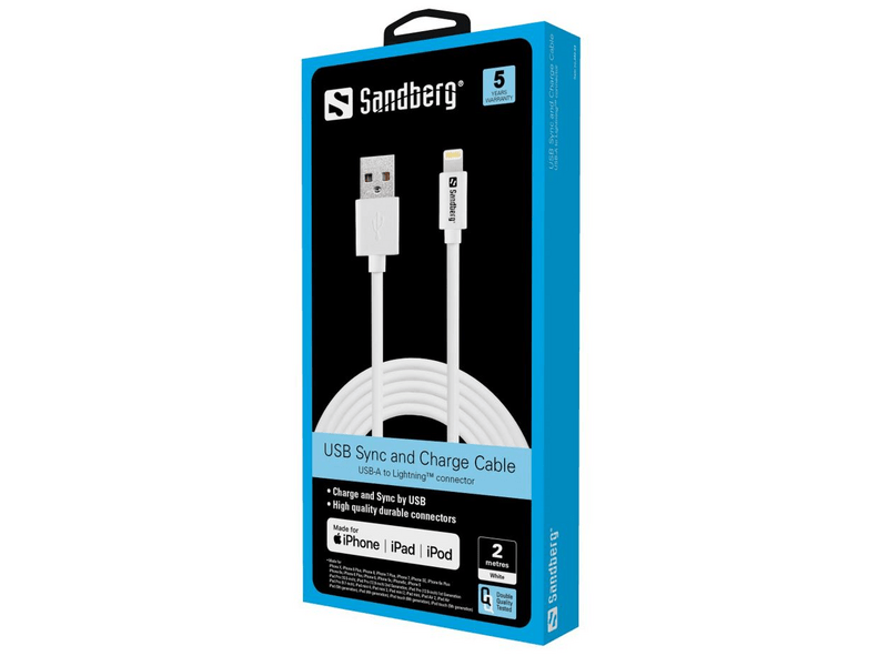 Sandberg 440-94 USB - Lightning Töltő- és adatkábel, 2 m, Fehér