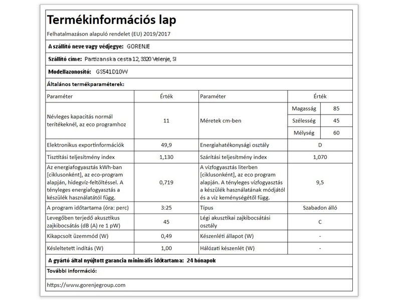 Gorenje GS541D10W Keskeny mosogatógép