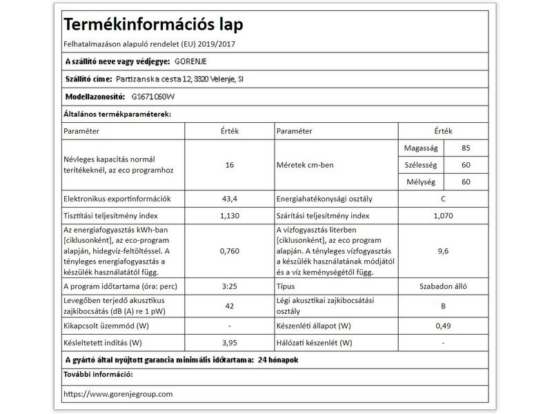 Gorenje GS671C60W Mosogatógép