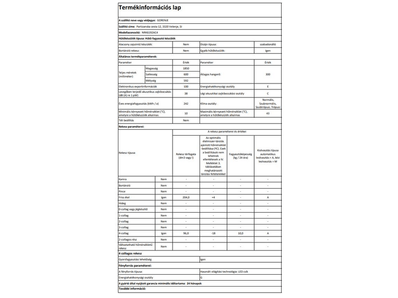 Gorenje NRK6192AC4 Alulfagyasztós kombinált hűtőszekrény