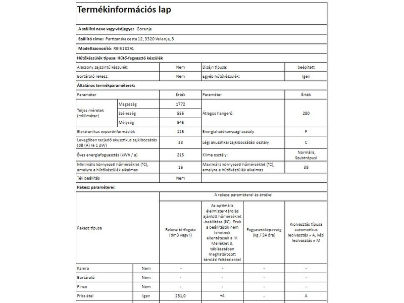 GORENJE RBI5182A1 Beépíthető egyajtós hűtőszekrény
