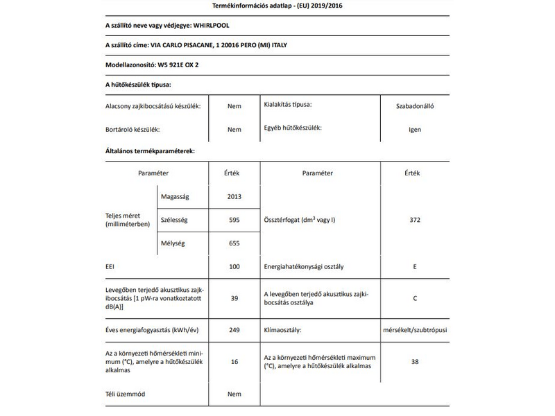 Whirlpool W5 921E OX 2 Alulfagyasztós kombinált hűtőszekrény