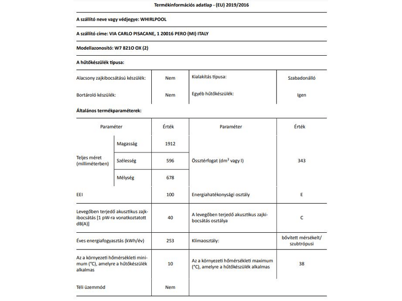 Whirlpool W7 821O OX Alulfagyasztós kombinált hűtőszekrény