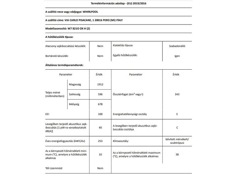 Whirlpool W7 821O OX H Alulfagyasztós kombinált hűtőszekrény