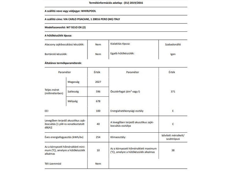 Whirlpool W7 921O OX Alulfagyasztós kombinált hűtőszekrény