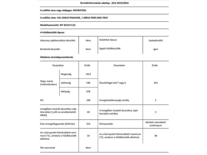 Whirlpool W7 821O K Alulfagyasztós kombinált hűtőszekrény