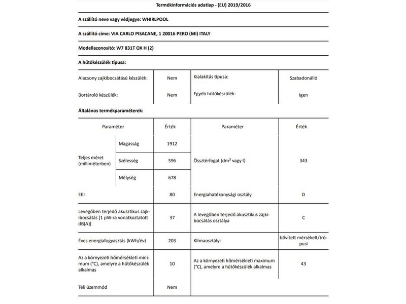 Whirlpool W7 831T OX H Alulfagyasztós kombinált hűtőszekrény, Inox