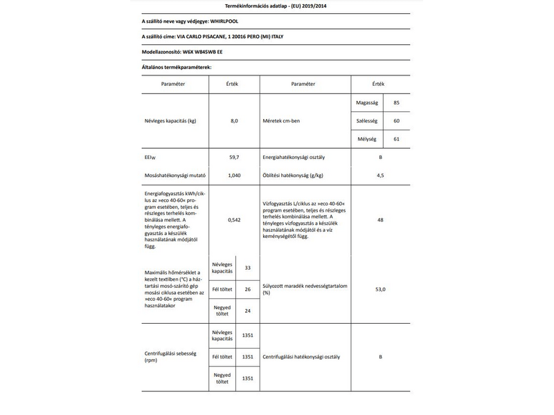 Whirlpool W6XW845WBEE Elöltöltős mosógép