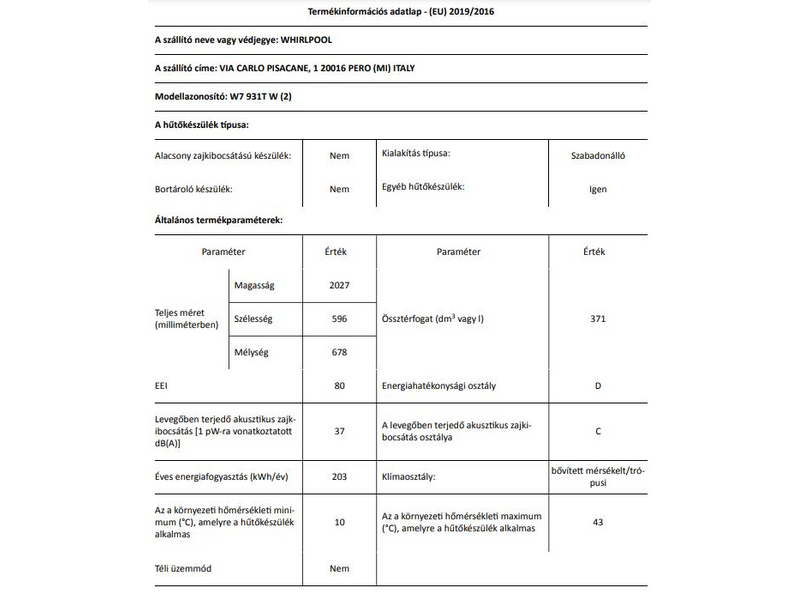Whirlpool W7 931T W Alulfagyasztós kombinált hűtőszekrény