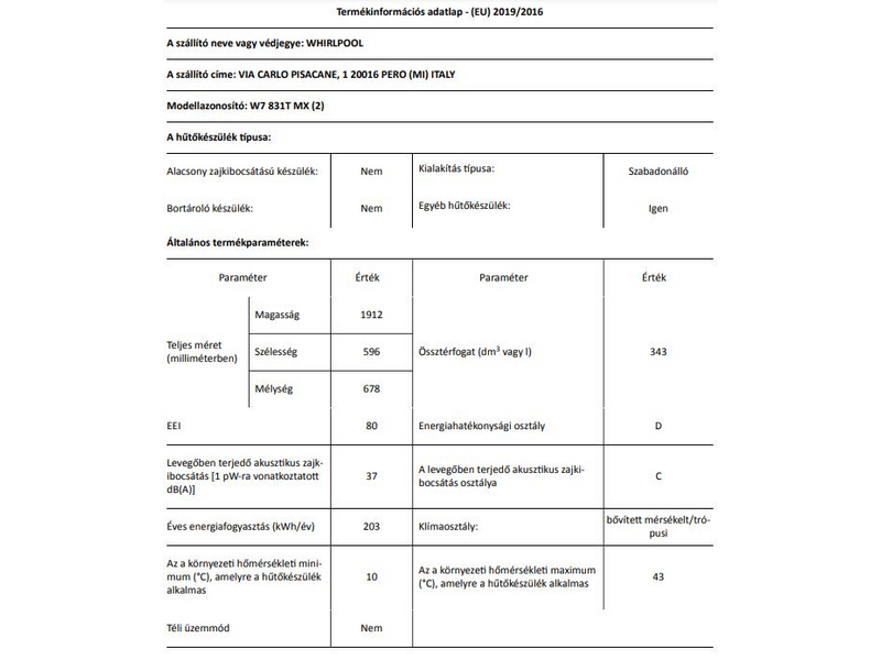 Whirlpool W7 831T MX Alulfagyasztós kombinált hűtőszekrény