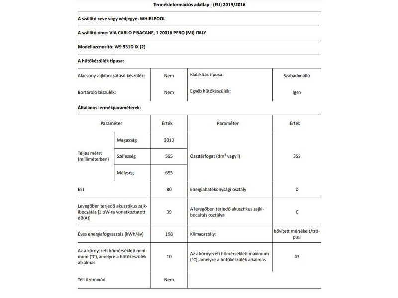 Whirlpool W9 931D IX Alulfagyasztós kombinált hűtőszekrény