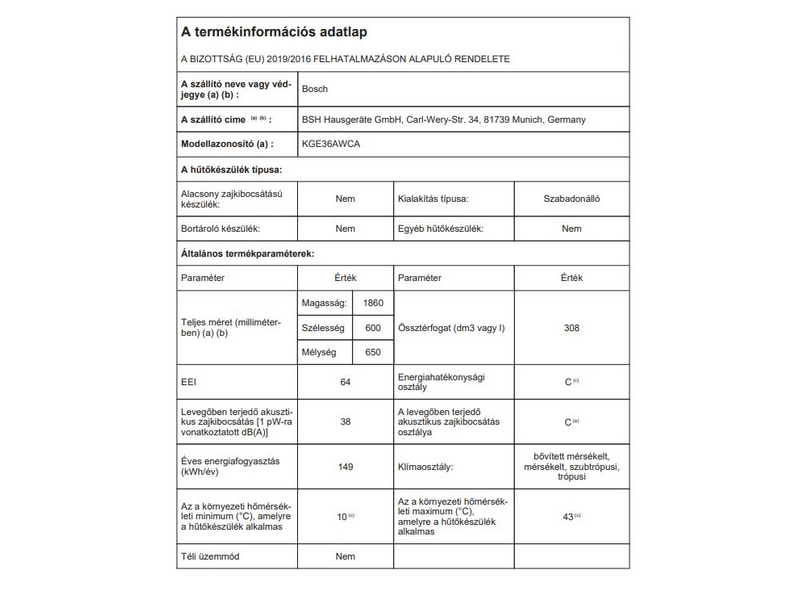 Bosch KGE36AWCA Alulfagyasztós kombinált hűtőszekrény