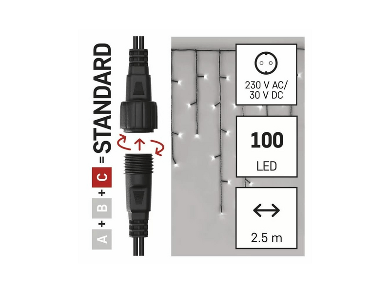 EMOS Standard LED sorolható karácsonyi füzér – jégcsapok, 2,5 m, kültéri, hidegfehér (D1CC01)