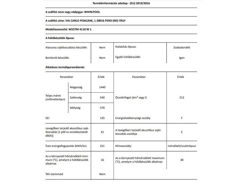 Whirlpool W55TM 4110 W 1 Felülfagyasztós kombinált hűtőszekrény