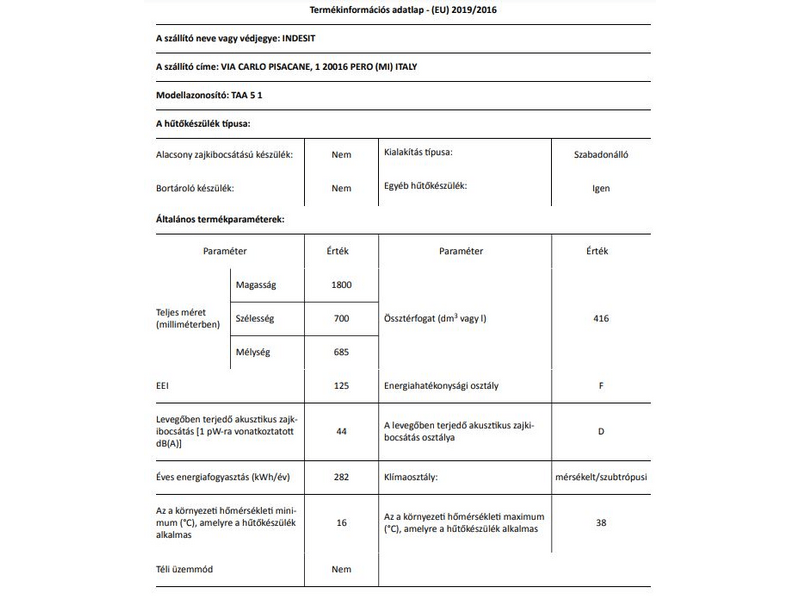 Indesit TAA 5 1 Felülfagyasztós kombinált hűtőszekrény
