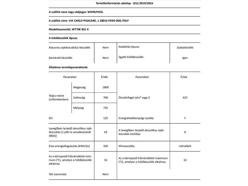 Whirlpool WT70E 831 X felülfagyasztós hűtőszekrény