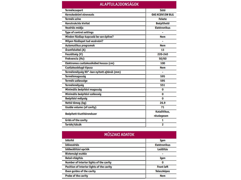 Whirlpool OAS KP8V1SW BLG Beépíthető sütő