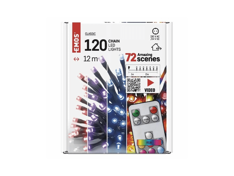 EMOS LED karácsonyi távirányítós színes fényfüzér, 12 m (D4AA03)