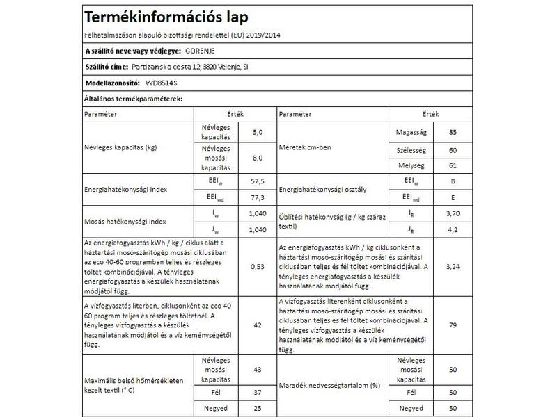 Gorenje WD8514S mosó-szárítógép, 8kg/1400f, fehér