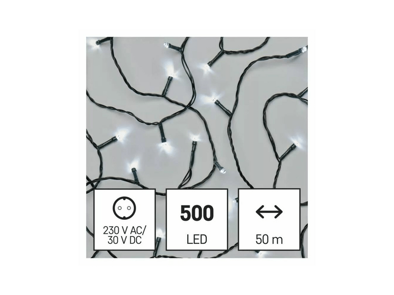 EMOS LED karácsonyi fényfüzér, 50 m, hideg fehér, időzítő, IP44 (D4AC06)