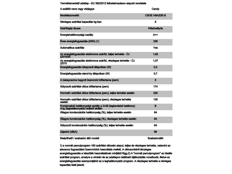 Candy CSO H8A2DE-S Hőszivattyús szárítógép