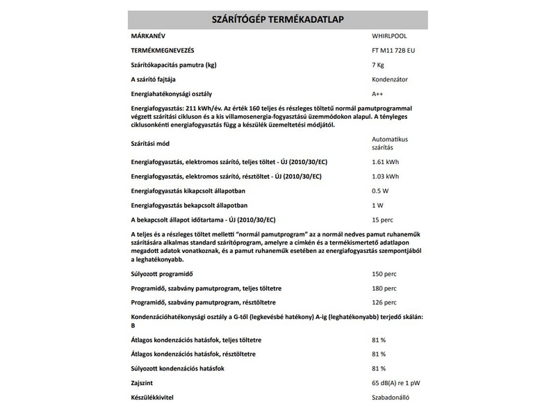 WHIRLPOOL FT M11 72B EU Hőszivattyús szárítógép