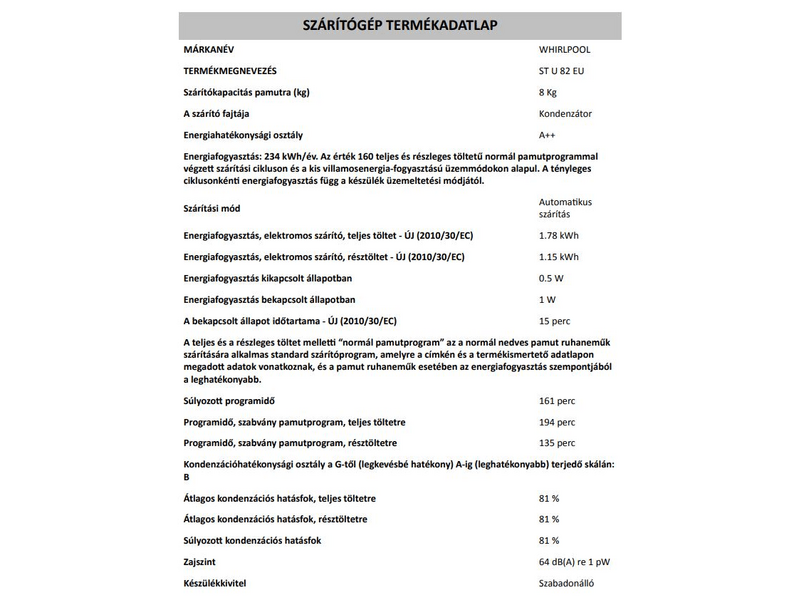 Whirlpool ST U 82 EU Hőszivattyús szárítógép
