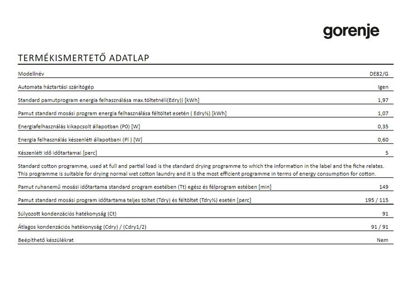Gorenje DE82/G Hőszivattyús szárítógép