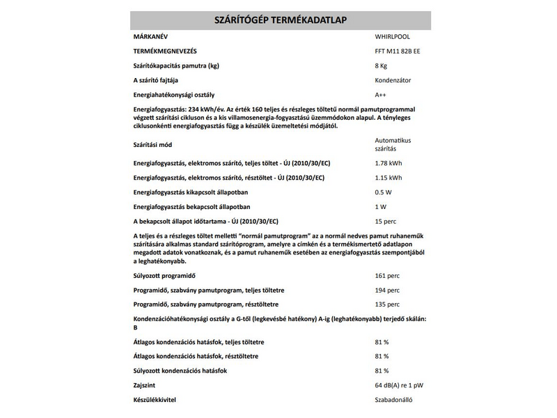 Whirlpool FFT M11 82B EE Hőszivattyús szárítógép