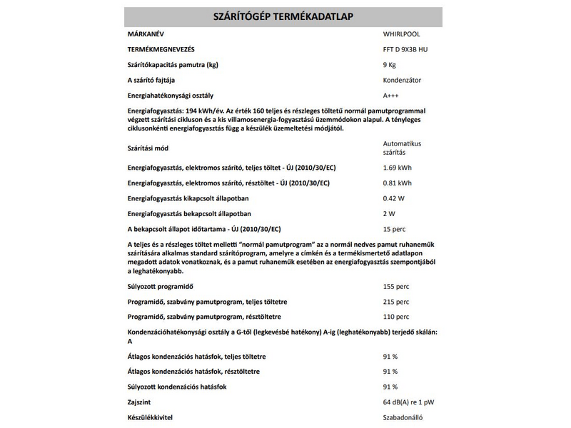 Whirlpool FFT D 9X3B HU Hőszivattyús szárítógép