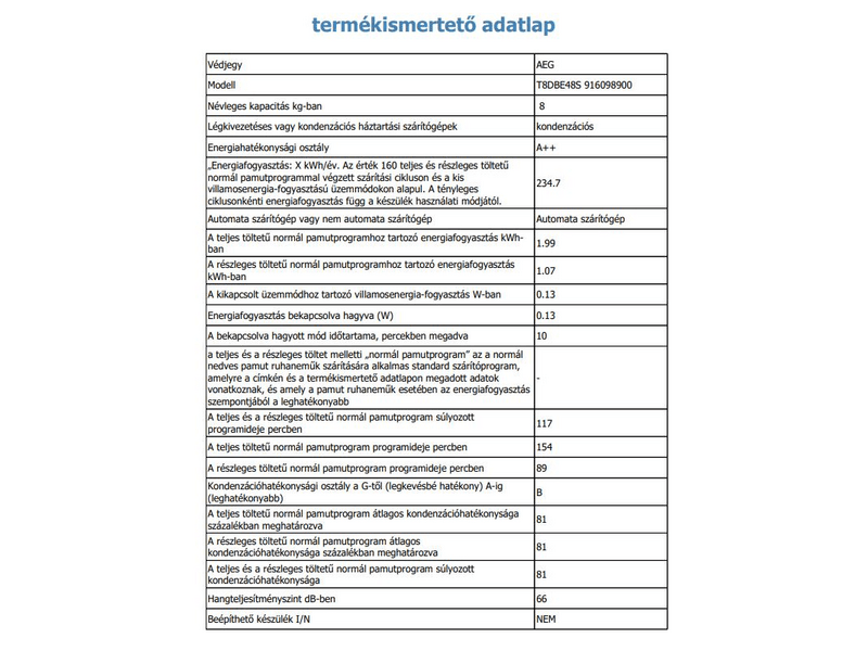 AEG T8DBE48S Hőszivattyús szárítógép, 8 kg, inverter motor, LCD kijelző