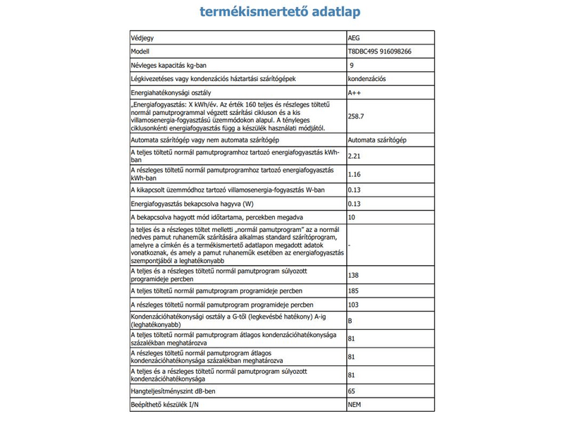 AEG T8DBC49S Hőszivattyús szárítógép, 9 kg, inverter motor, LCD kijelző
