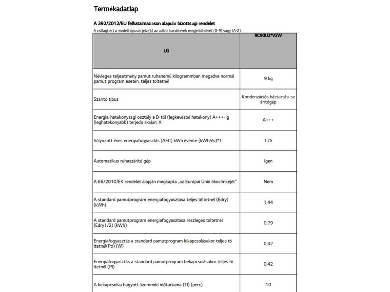LG RC90U2AV2W Hőszivattyús szárítógép