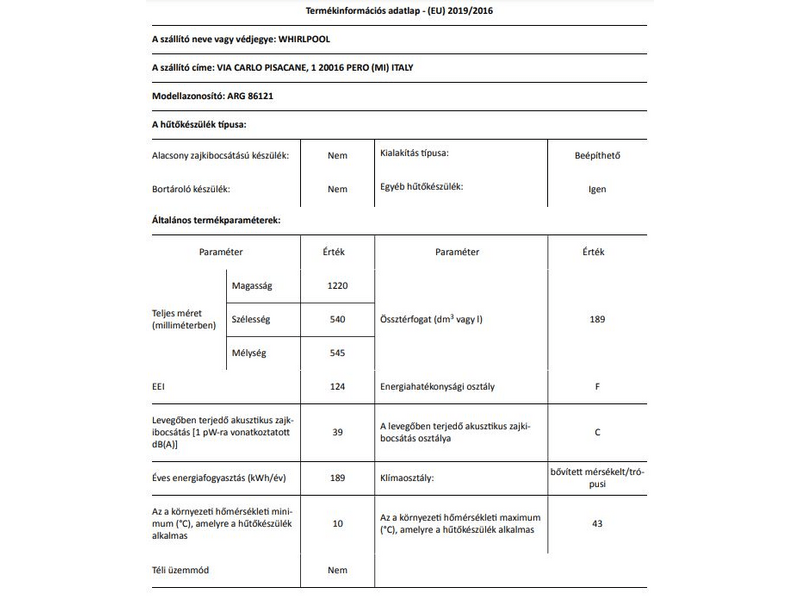 Whirlpool ARG 86121 Beépíthető kombinált hűtőszekrény