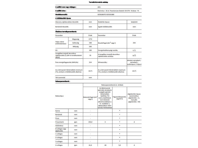 AEG SCE818E6TS Beépíthető alulfagyasztós hűtő