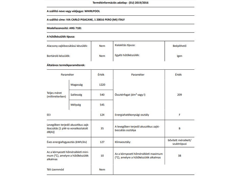 Whirlpool ARG 7181 Beépíthető hűtőszekrény