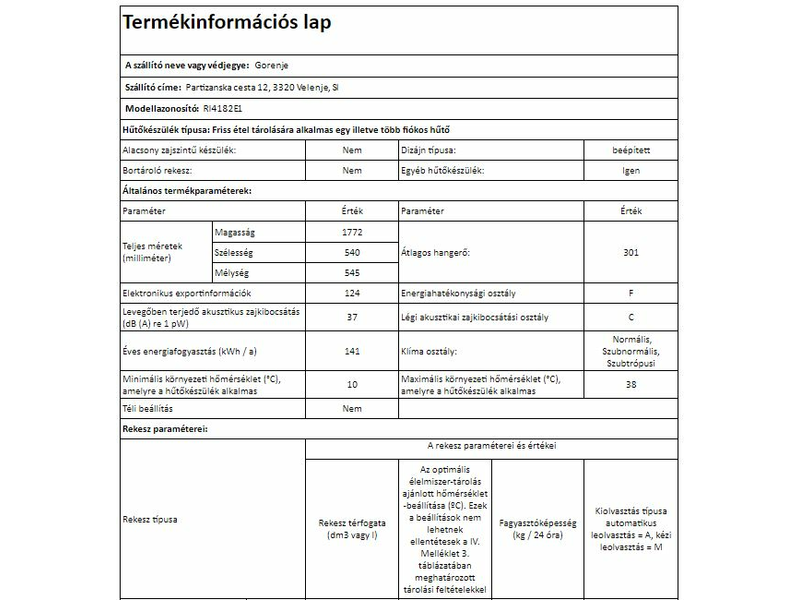 Gorenje RI 4182E1 Egyajtós beépíthető hűtőszekrény