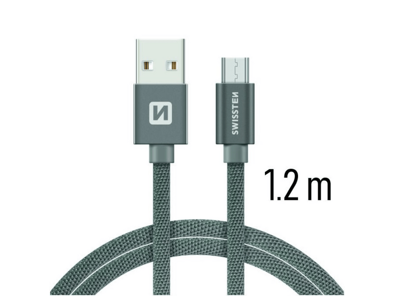 Swissten adat- és töltőkábel textil bevonattal, USB-USB-C, 1,2 m, szürke (71521202)