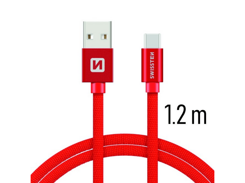 Swissten adat- és töltőkábel textil bevonattal, USB-USB-C, 1,2 m, piros (71521206)