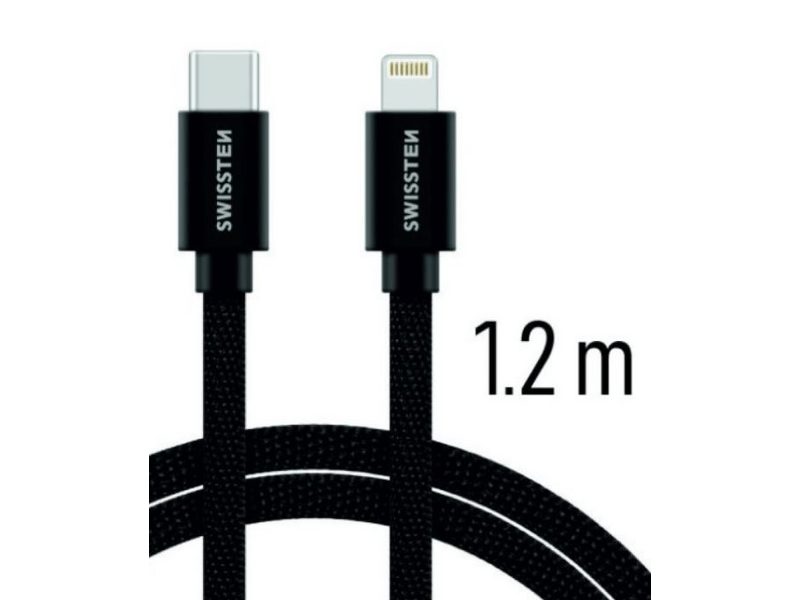 Swissten podatkovni i kabel za punjenje s tekstilnim premazom, USB-C/lightning, 1,2 m, crni (71525201)