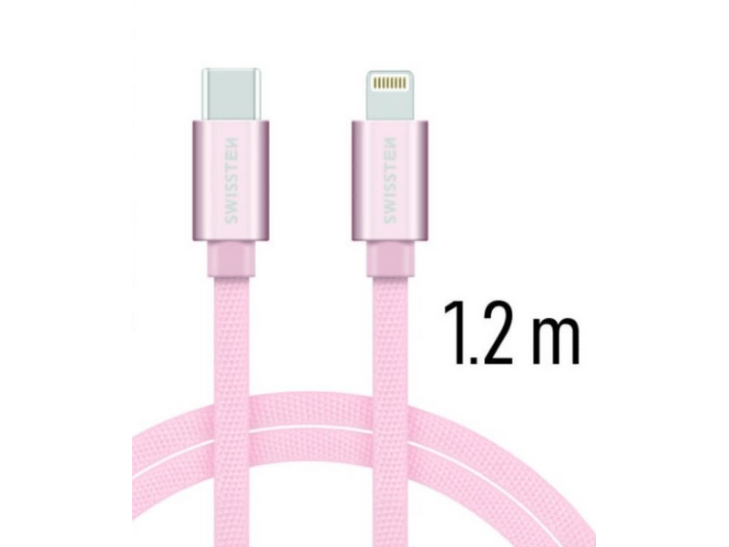 Swissten adat- és töltőkábel textil bevonattal, USB-C-Lightning, 1,2 m, rozé arany (71525205)