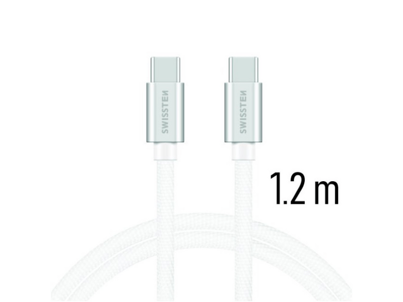 Swissten adat- és töltőkábel textil bevonattal, USB-C/USB-C 1,2 m, ezüst/fehér (71527203)