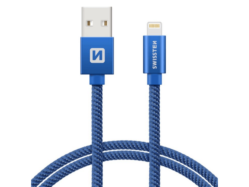 Swissten adat- és töltőkábel textil bevonattal, USB/lightning, 1,2 m kék (71523208)