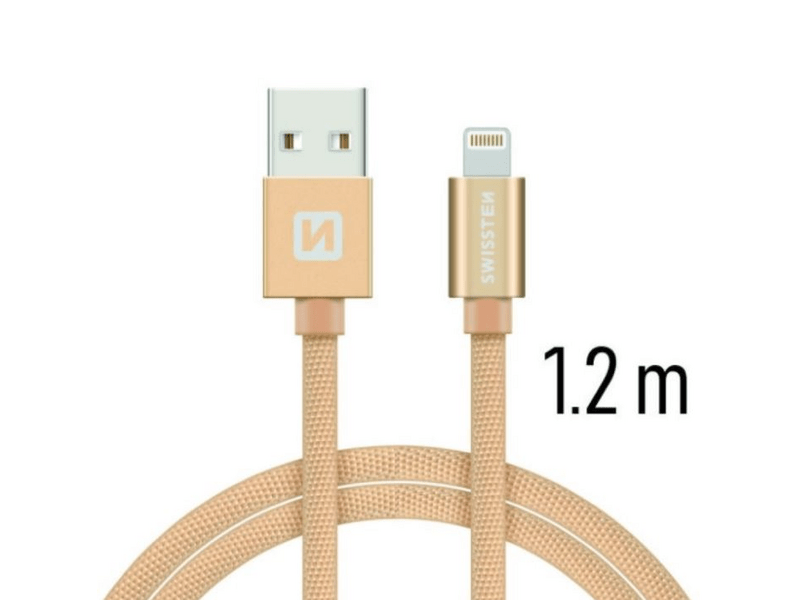 Swissten adat- és töltőkábel textil bevonattal, USB/lightning, 1,2 m arany (71523204)