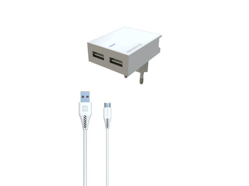 Swissten hálózati gyorstöltő adapter, Smart IC, 2 USB port, 3A, fehér + lightning MFI kábel (22045000)